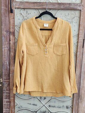Mote Anthropologie Yellow Double Gauze Cotton Long Sleeve V-neck Tunic | XL
